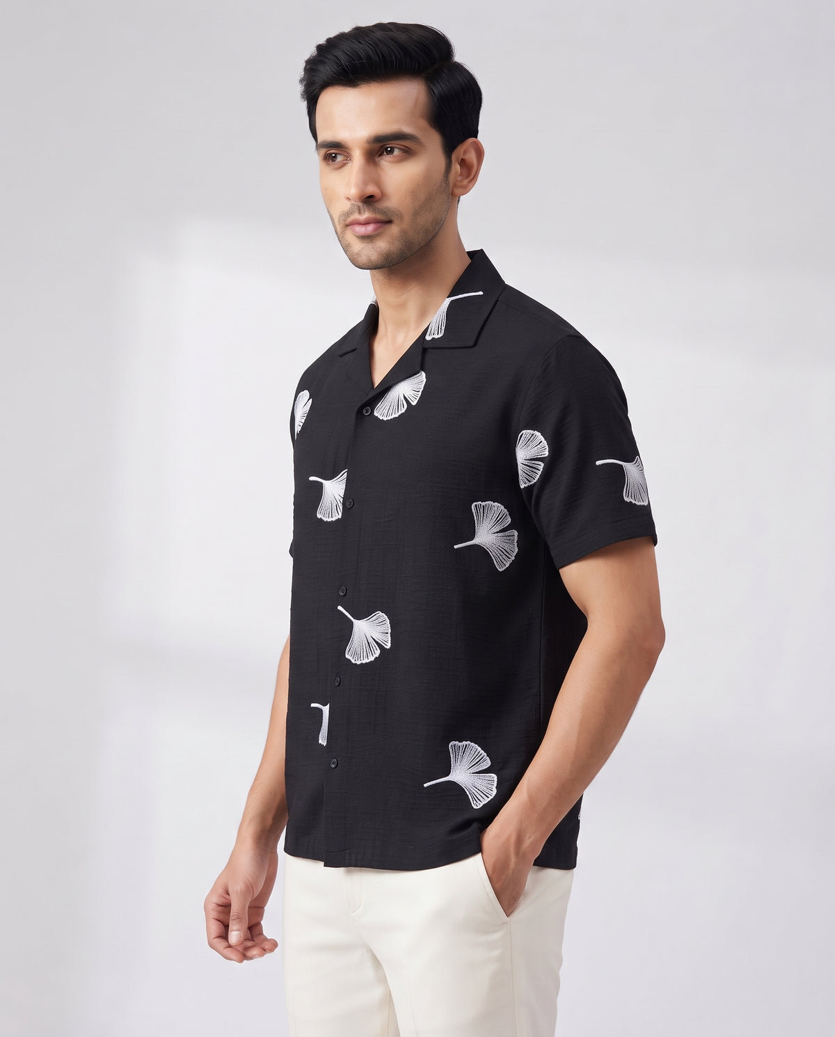 Men's Navy Ginkgo Leaf Embroidered Resort Shirt