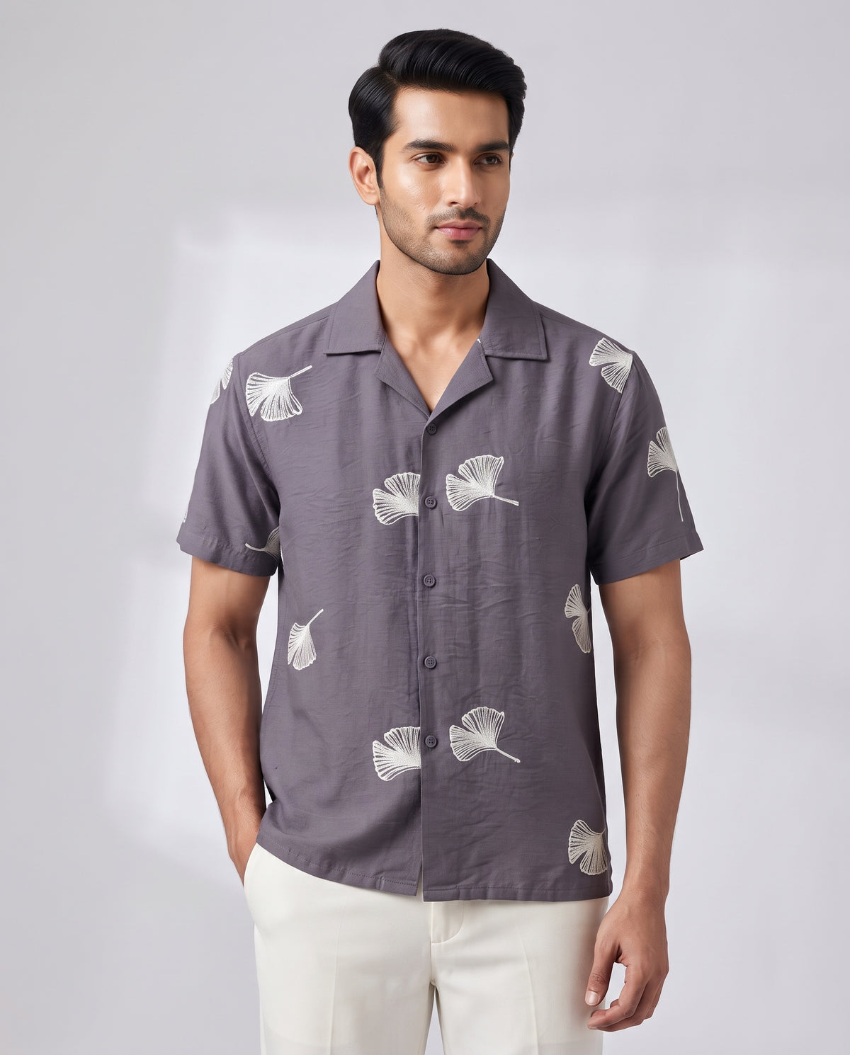 Men's Navy Ginkgo Leaf Embroidered Resort Shirt