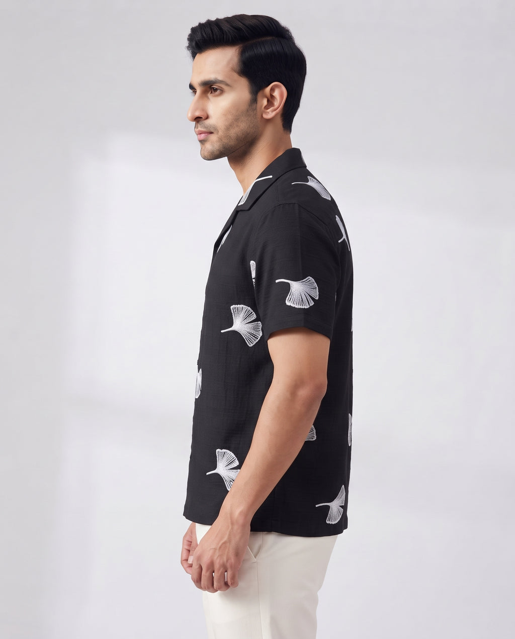 Men's Navy Ginkgo Leaf Embroidered Resort Shirt