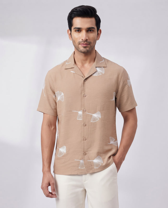 Men's Navy Ginkgo Leaf Embroidered Resort Shirt