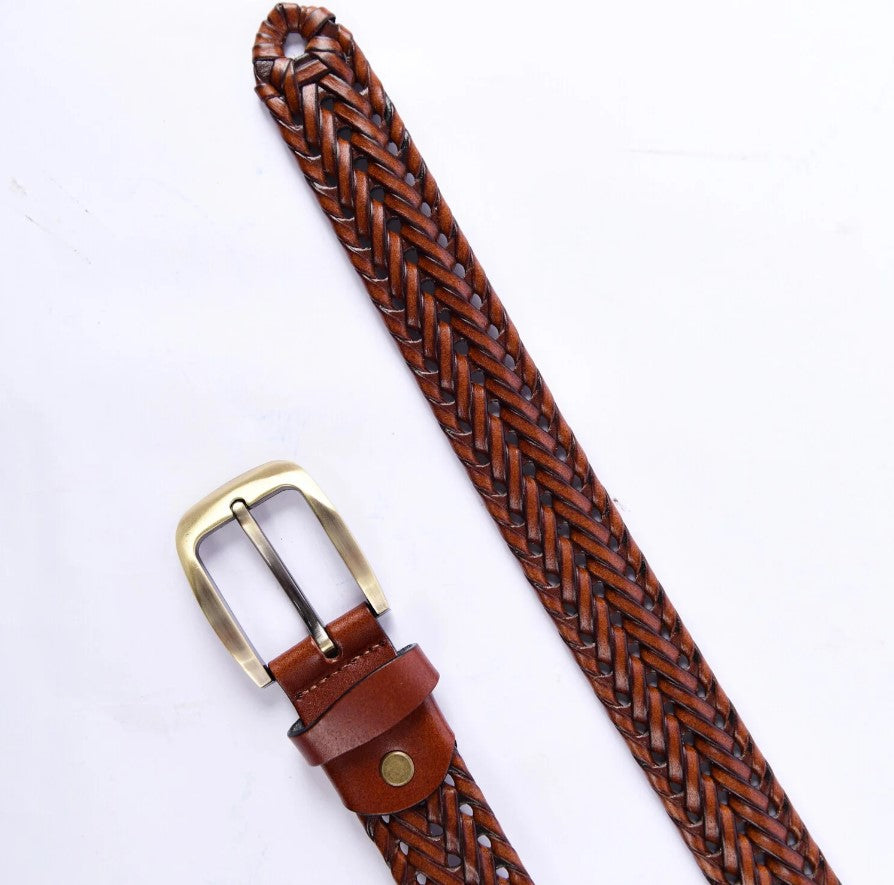 Stylish Braided Men's Leather Belt-Tan Color